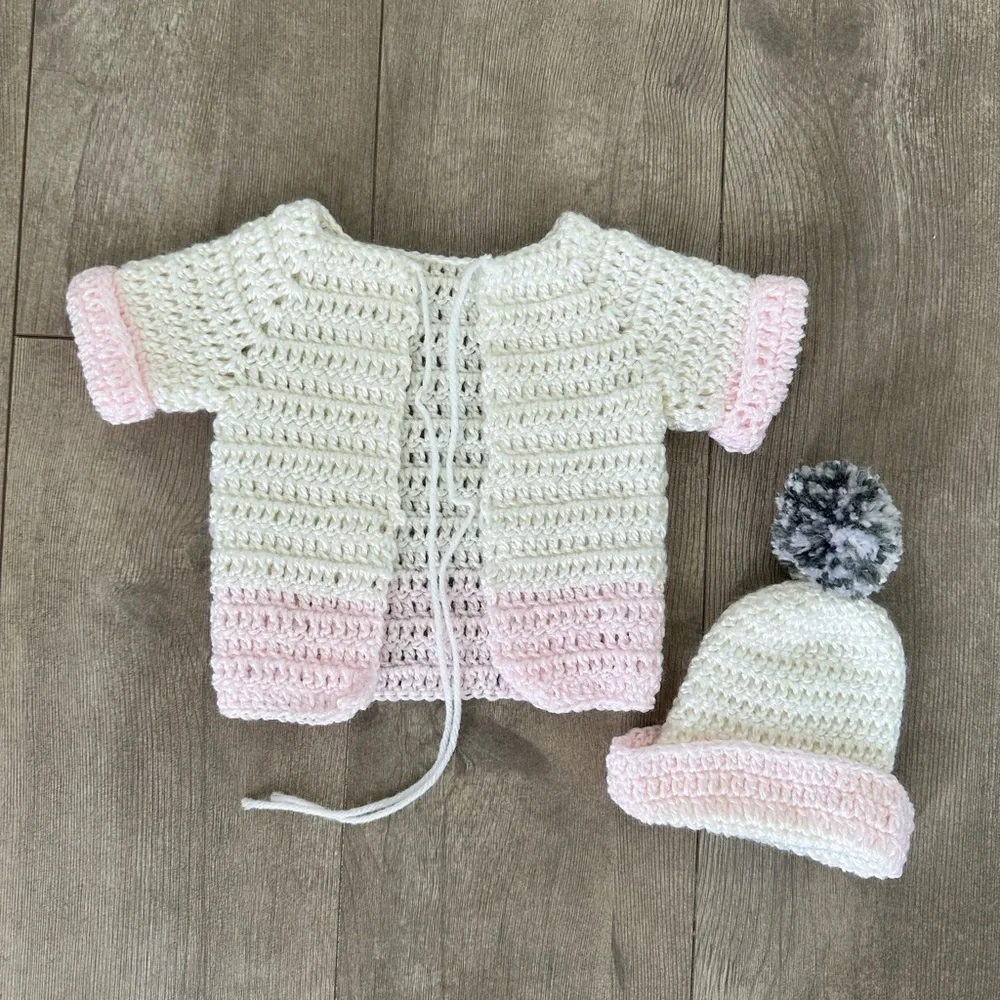 Hand Knit Preemie/Newborn Baby Girl hat & short sleeve cardigan  Handmade